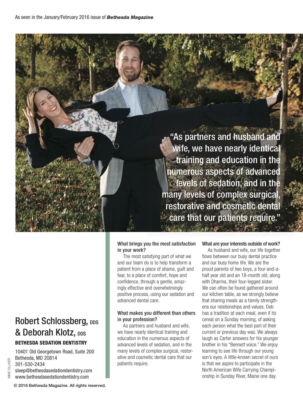 Interview with Robert Schlossberg and Deborah Klotz, DDS for January/February 2016 issue of Bethesda Magazine