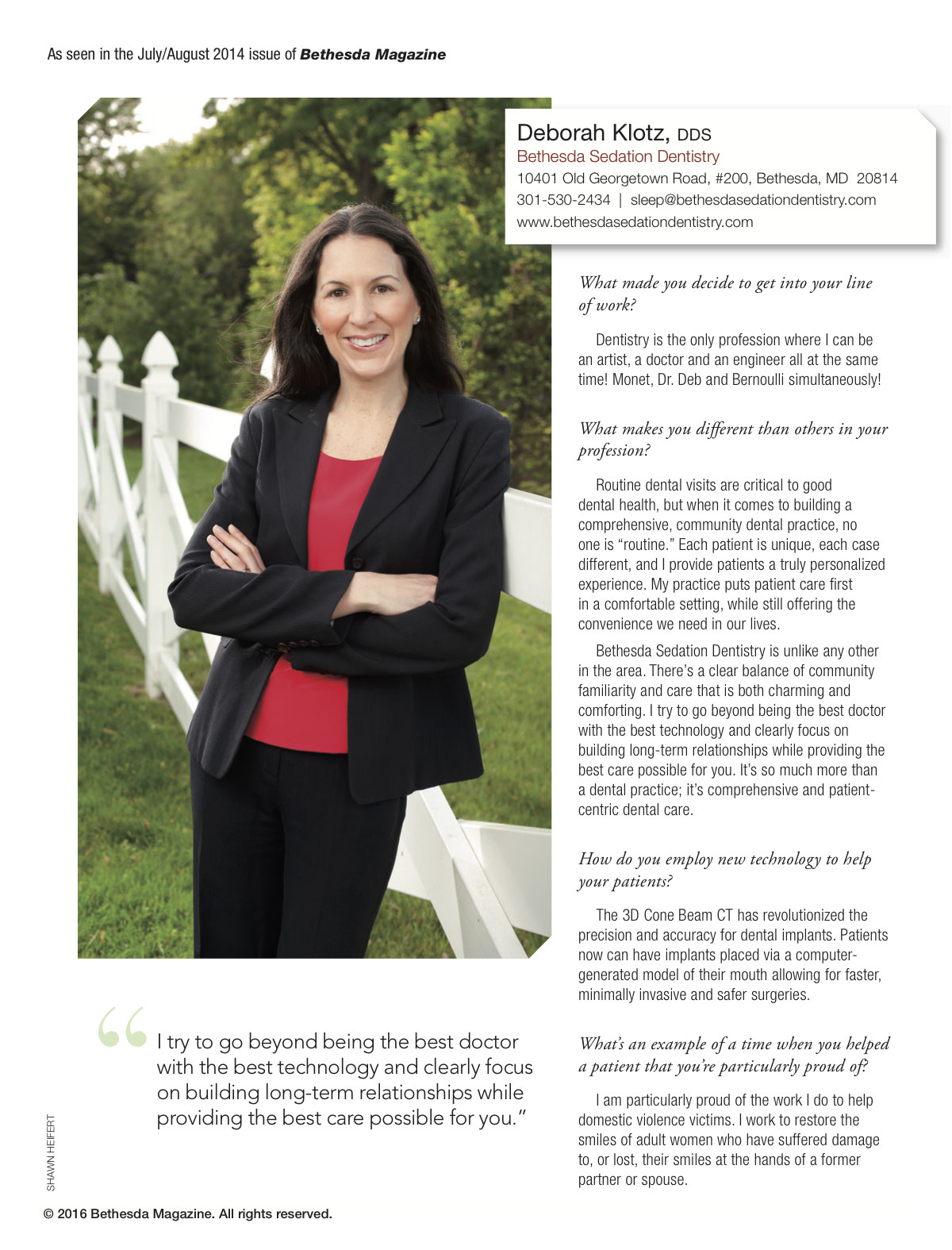 Interview with Deborah Klotz, DDS for July/August 2014 issue of Bethesda Magazine