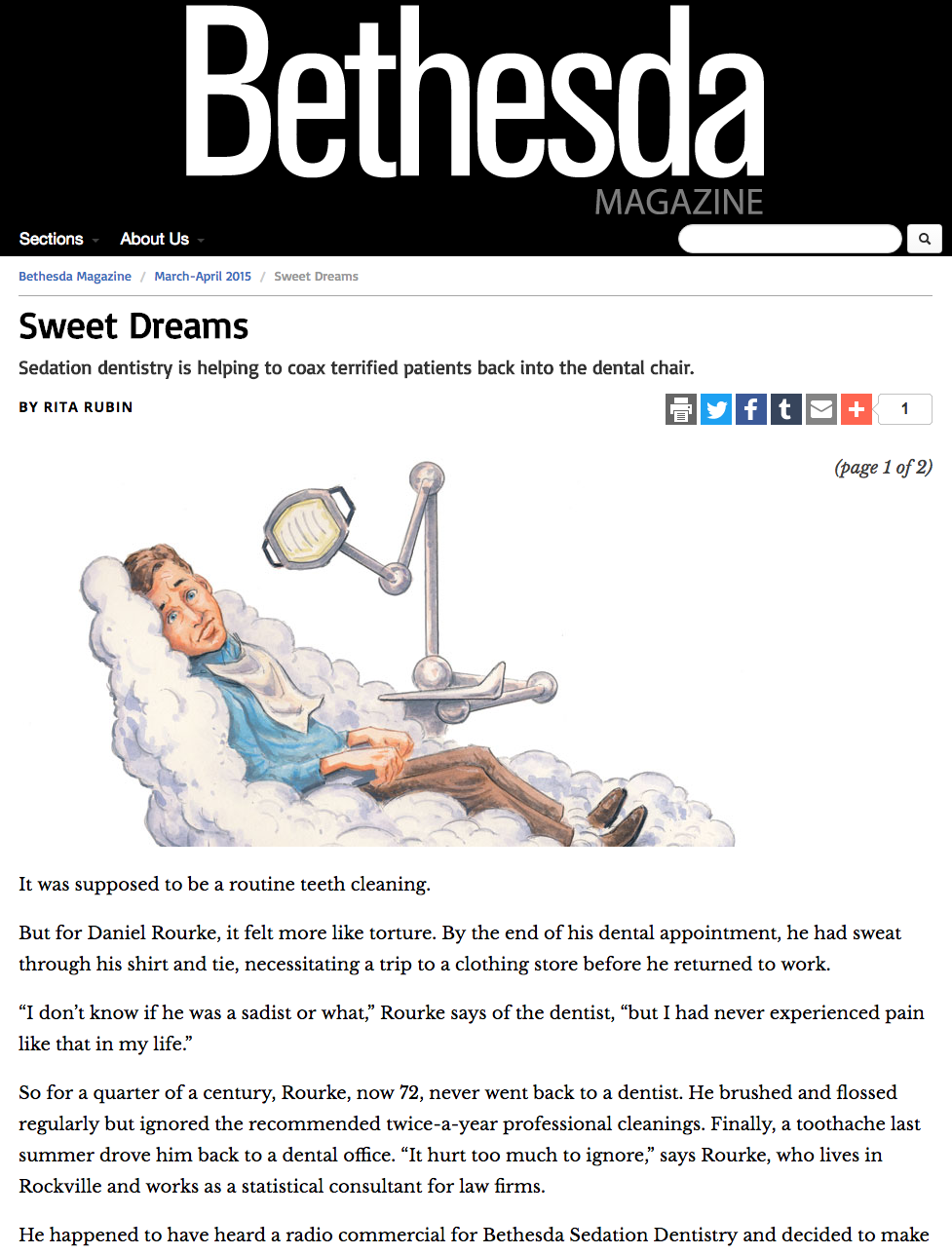 Article by Rita Rubin for Bethesda Magazine March/April 2015 article. Sweet Dreams: Sedation dentistry is helping to coax terrified patients back into the dental chair.